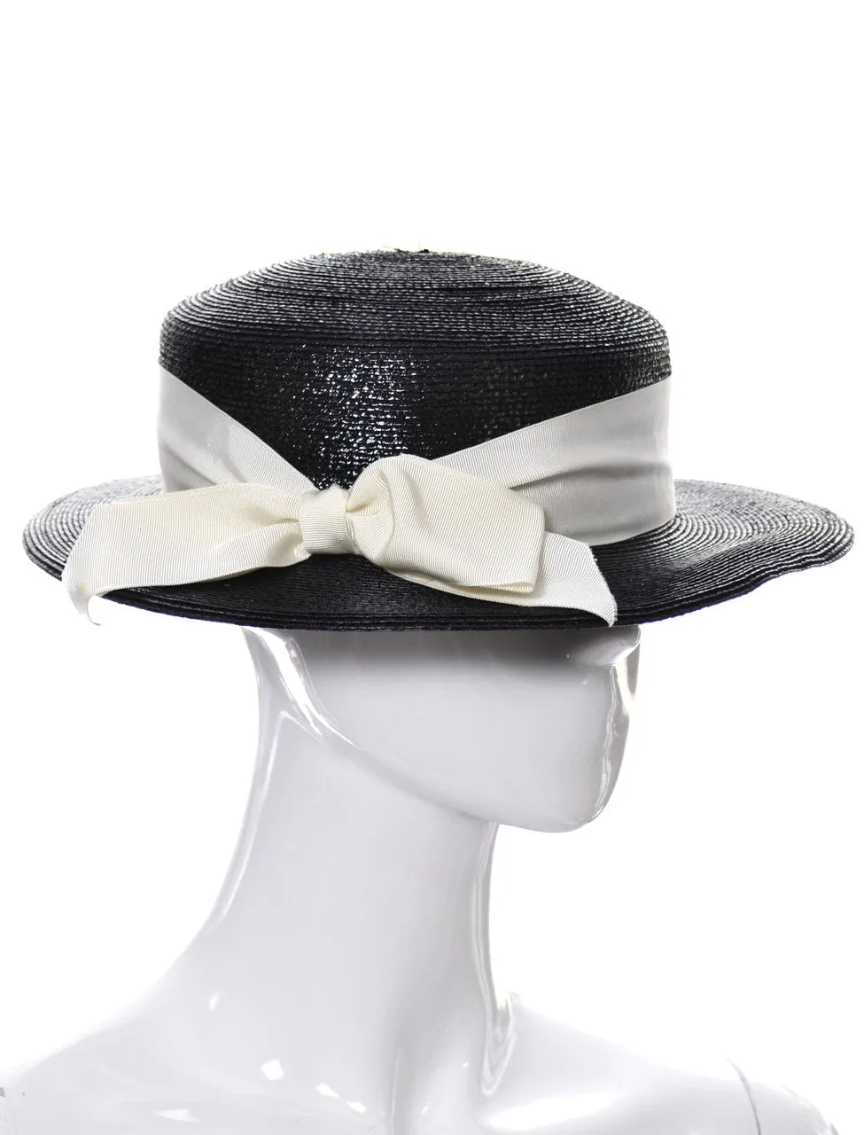 1970s Vintage Yves Saint Laurent Black Straw Boater Hat with Ribbon SOLD