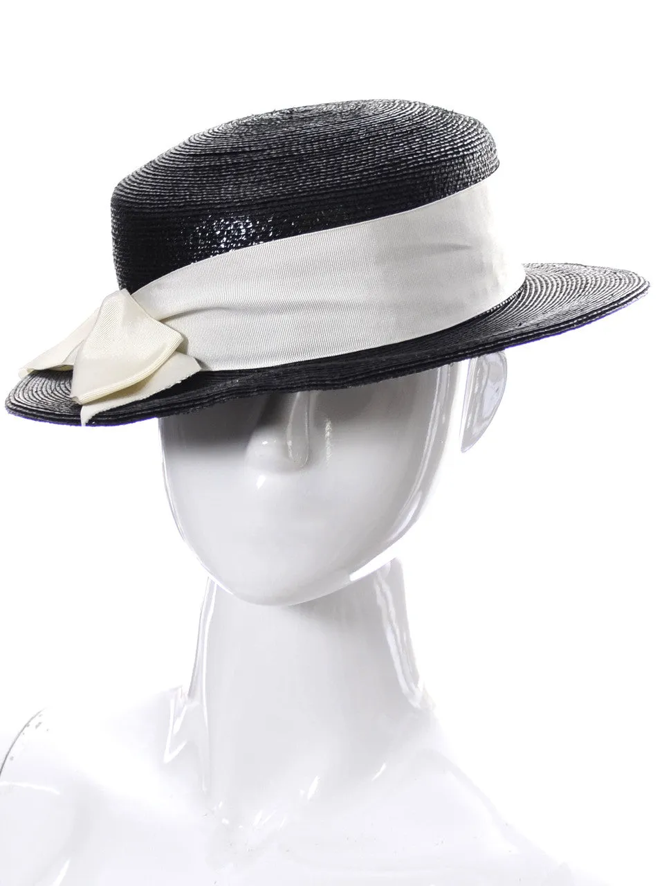 1970s Vintage Yves Saint Laurent Black Straw Boater Hat with Ribbon SOLD