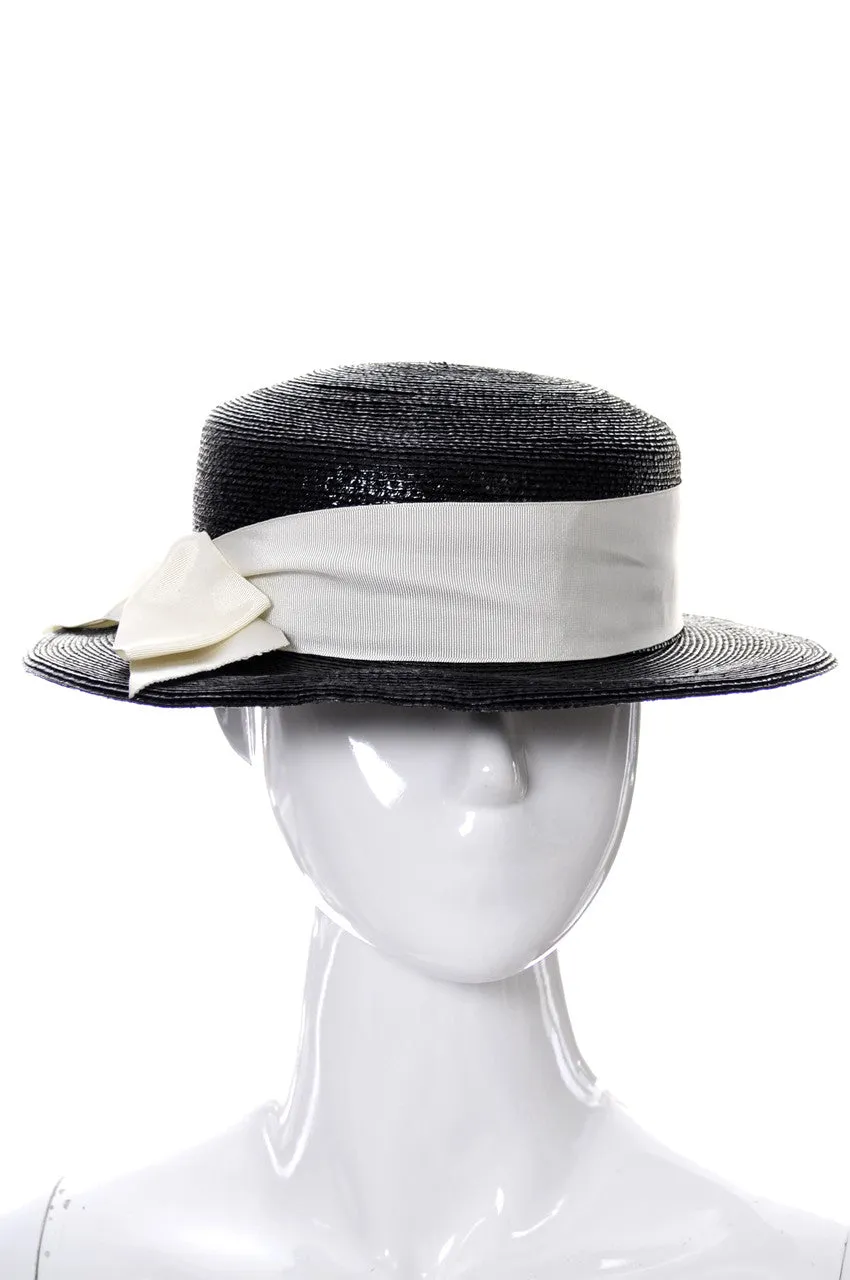 1970s Vintage Yves Saint Laurent Black Straw Boater Hat with Ribbon SOLD