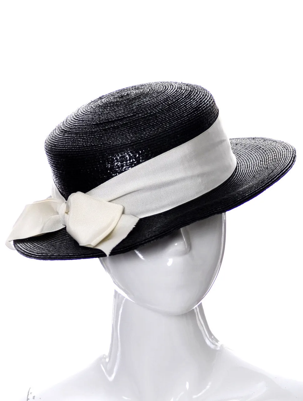 1970s Vintage Yves Saint Laurent Black Straw Boater Hat with Ribbon SOLD