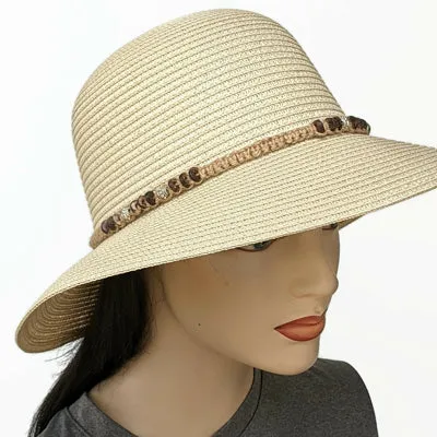 212 Straw Travel Beach Hat with bead macrame trim, adjustable fit, two colours