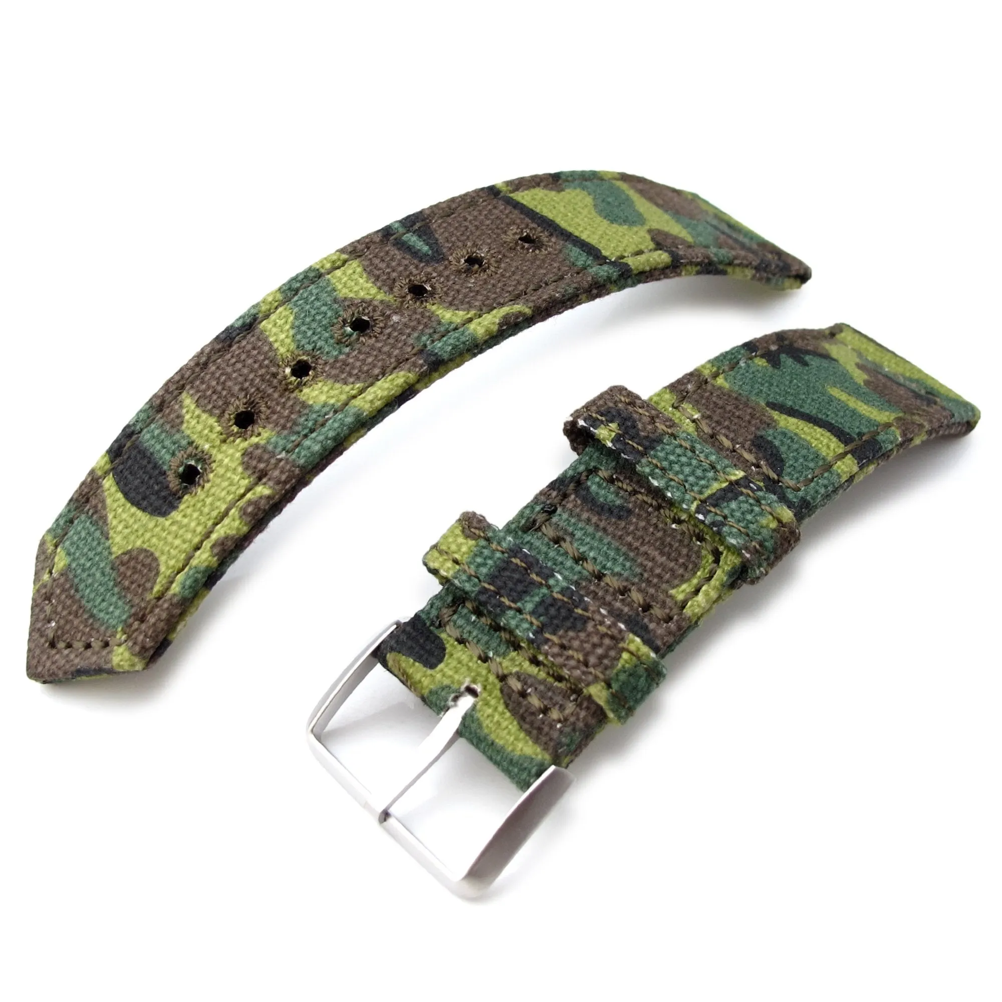 22mm MiLTAT WW2 2-piece ERDL Camouflage Canvas Watch Band with lockstitch round hole, Sandblasted