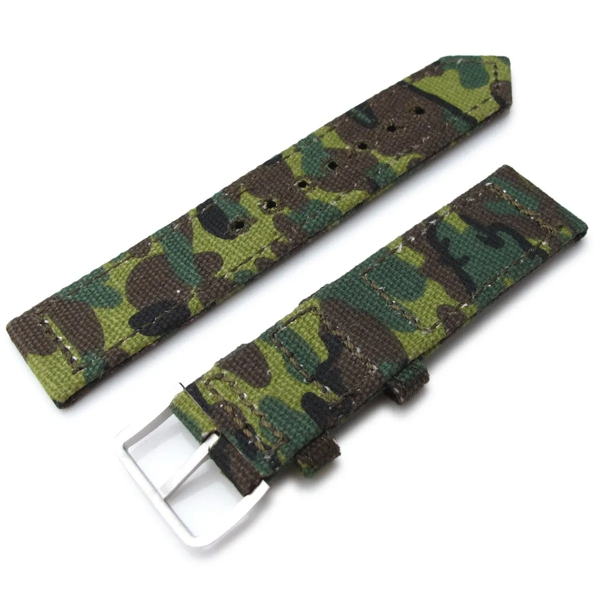 22mm MiLTAT WW2 2-piece ERDL Camouflage Canvas Watch Band with lockstitch round hole, Sandblasted