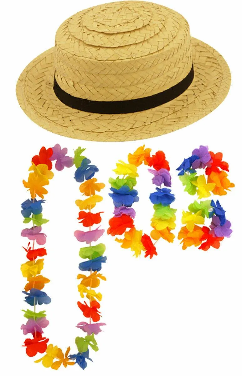 Adults Straw Boater Hat 4Pcs Lei Set Hawaiian Summer Beach Party Fancy Dress