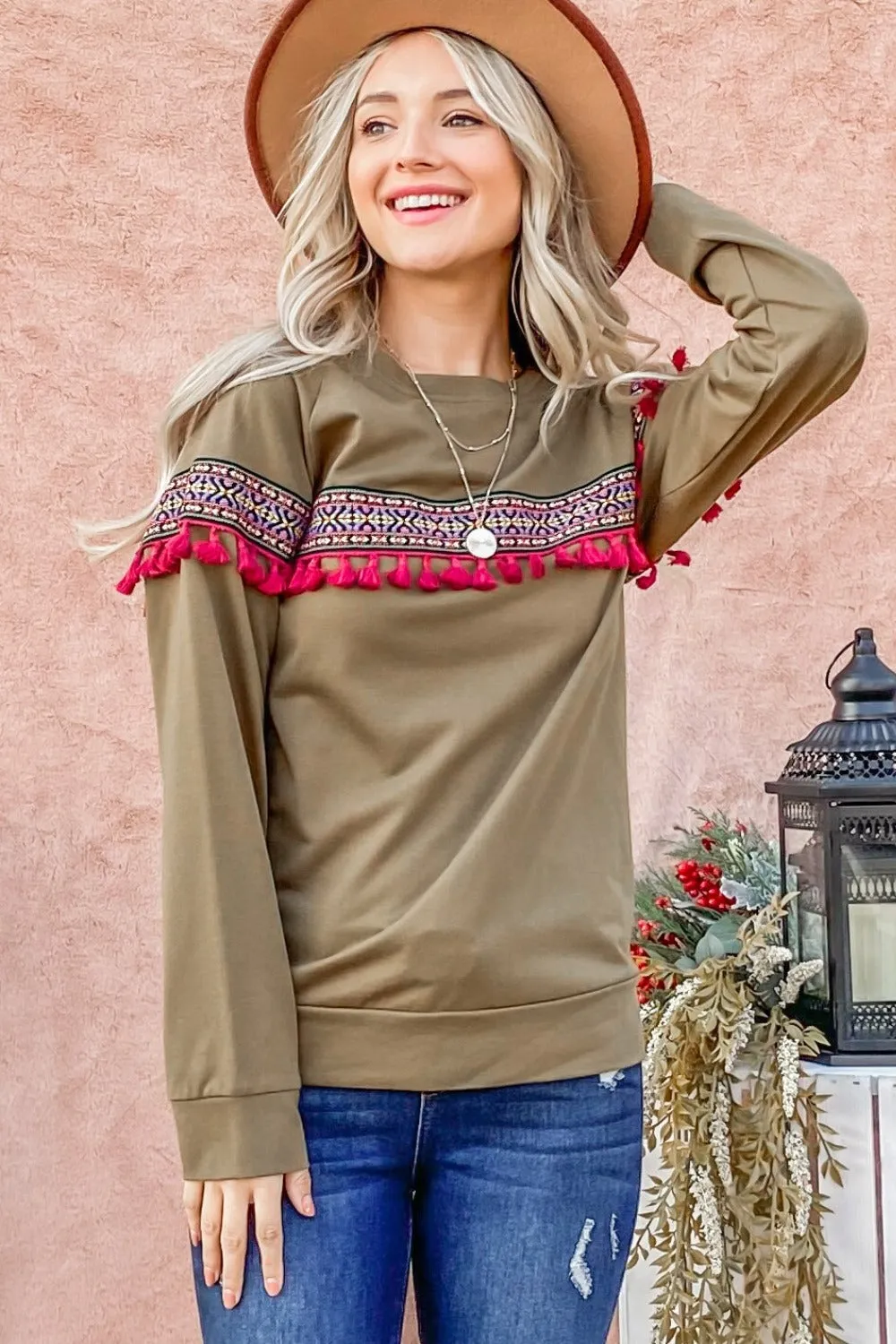 And The Why Ethnic Ribbon Tassel Trim Top