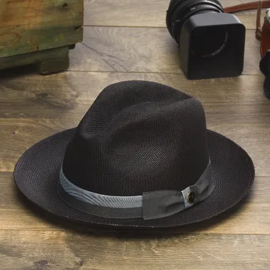 Austral Black Straw Panama Hat - The Beckham with Blue Ribbon Band