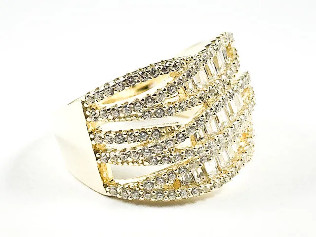 Beautiful Fine Multi Row Baguette CZ Crossover Style Design Gold Tone Silver Ring