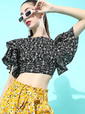 Berrylush Women Black & White Floral Printed Boat-Neck Ruffled Crop Top