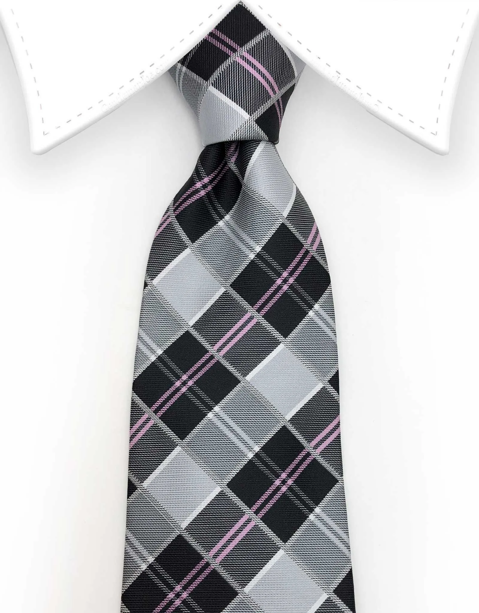 Black, Charcoal, Grey, Silver and Pink Plaid Tie