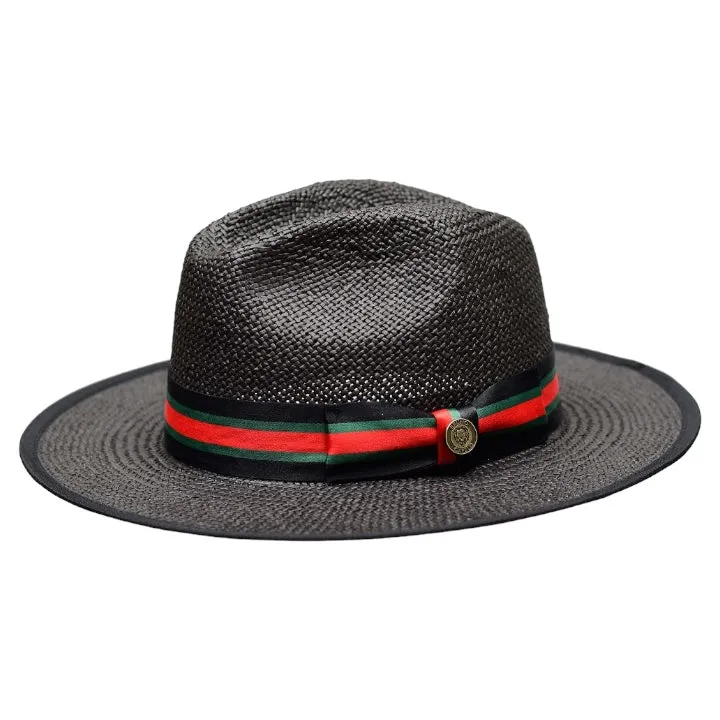 Black Men's Straw Fedora Hat Flat Wide Brim Red and Green Band Ventino Collection