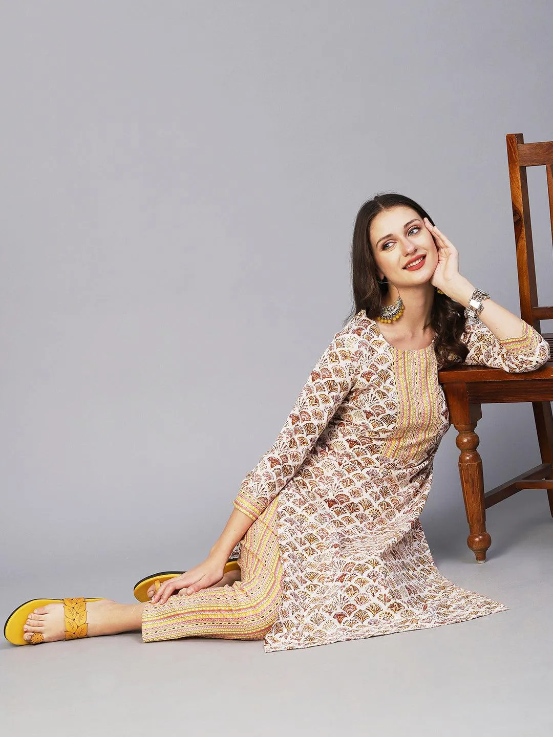 Block Printed Sequins Ornamented Kurta With Printed Pants - White & Multi