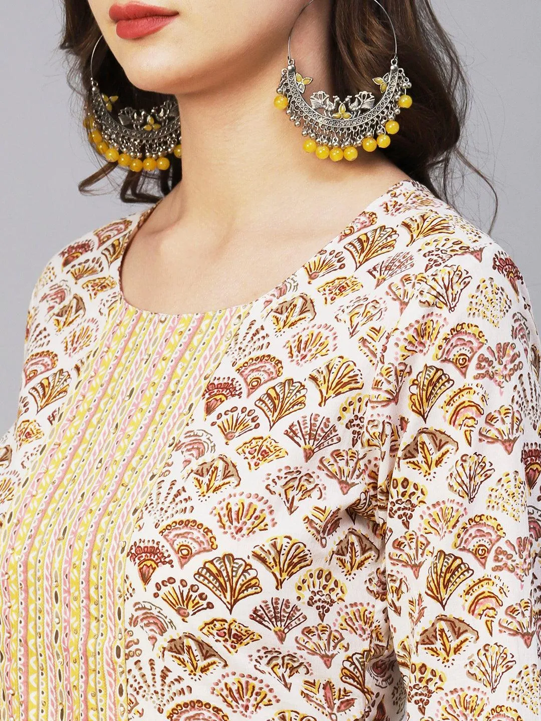 Block Printed Sequins Ornamented Kurta With Printed Pants - White & Multi