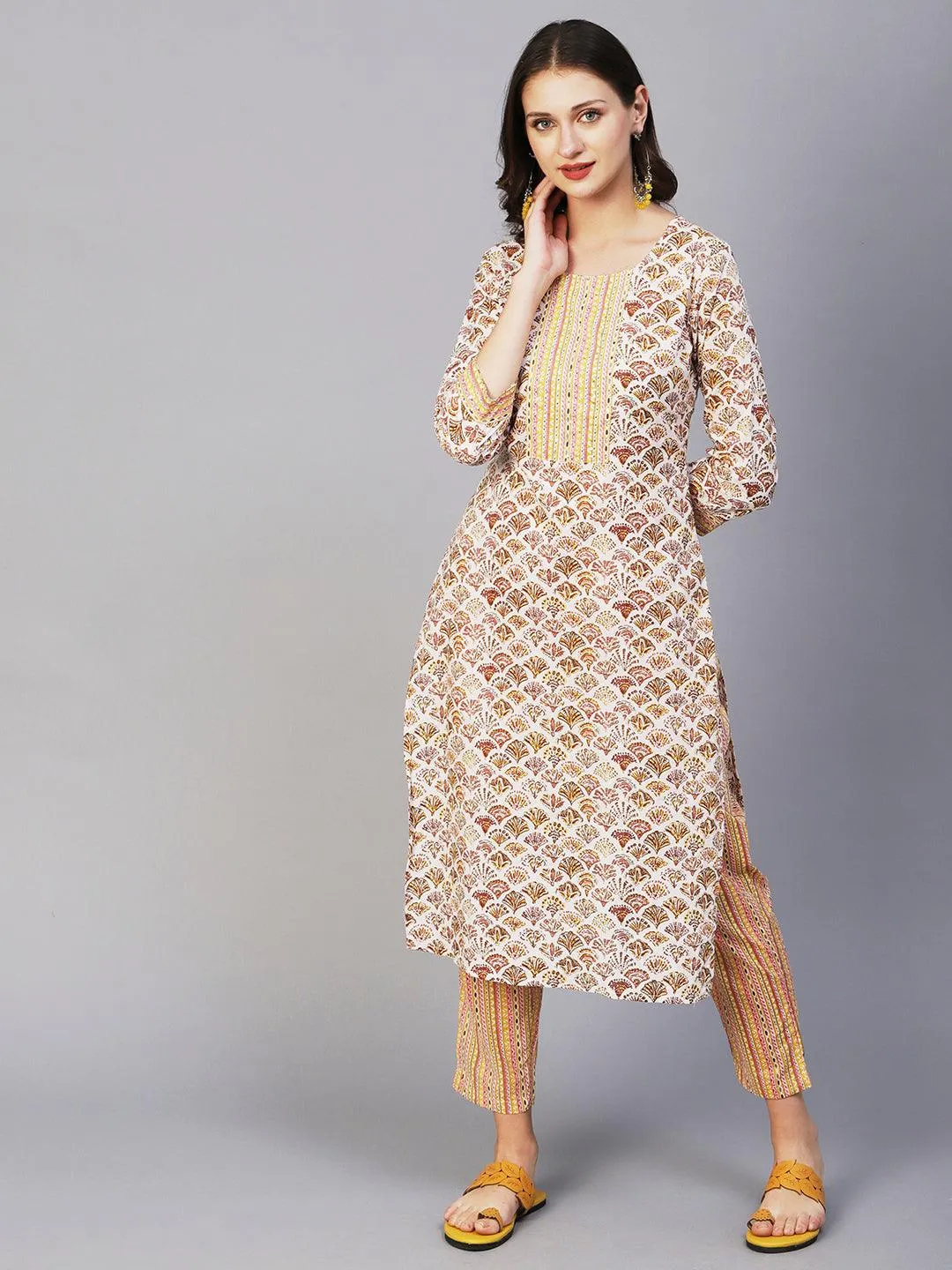 Block Printed Sequins Ornamented Kurta With Printed Pants - White & Multi