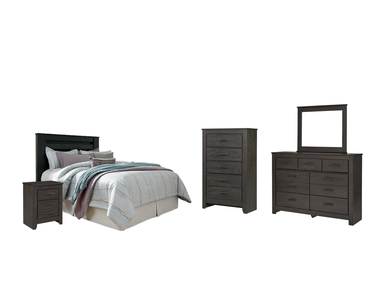 Brinxton King/California King Panel Headboard Bed with Mirrored Dresser, Chest and Nightstand