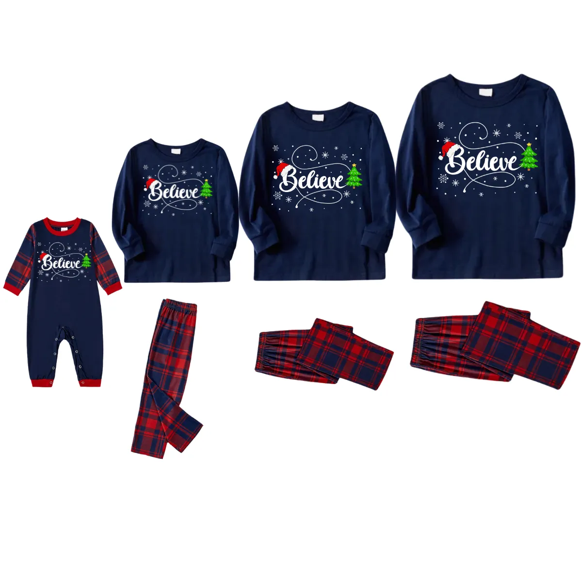 Christmas Tree and Believe Text Print Blue Long Sleeve Top with Red & Blue Plaid Family Matching Pajamas