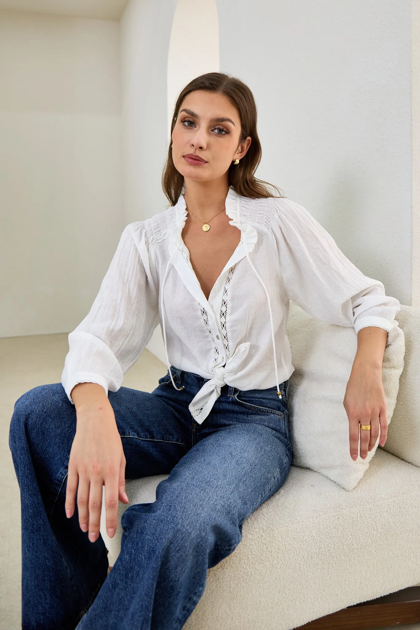 Clarisse White Lace Trim Blouse