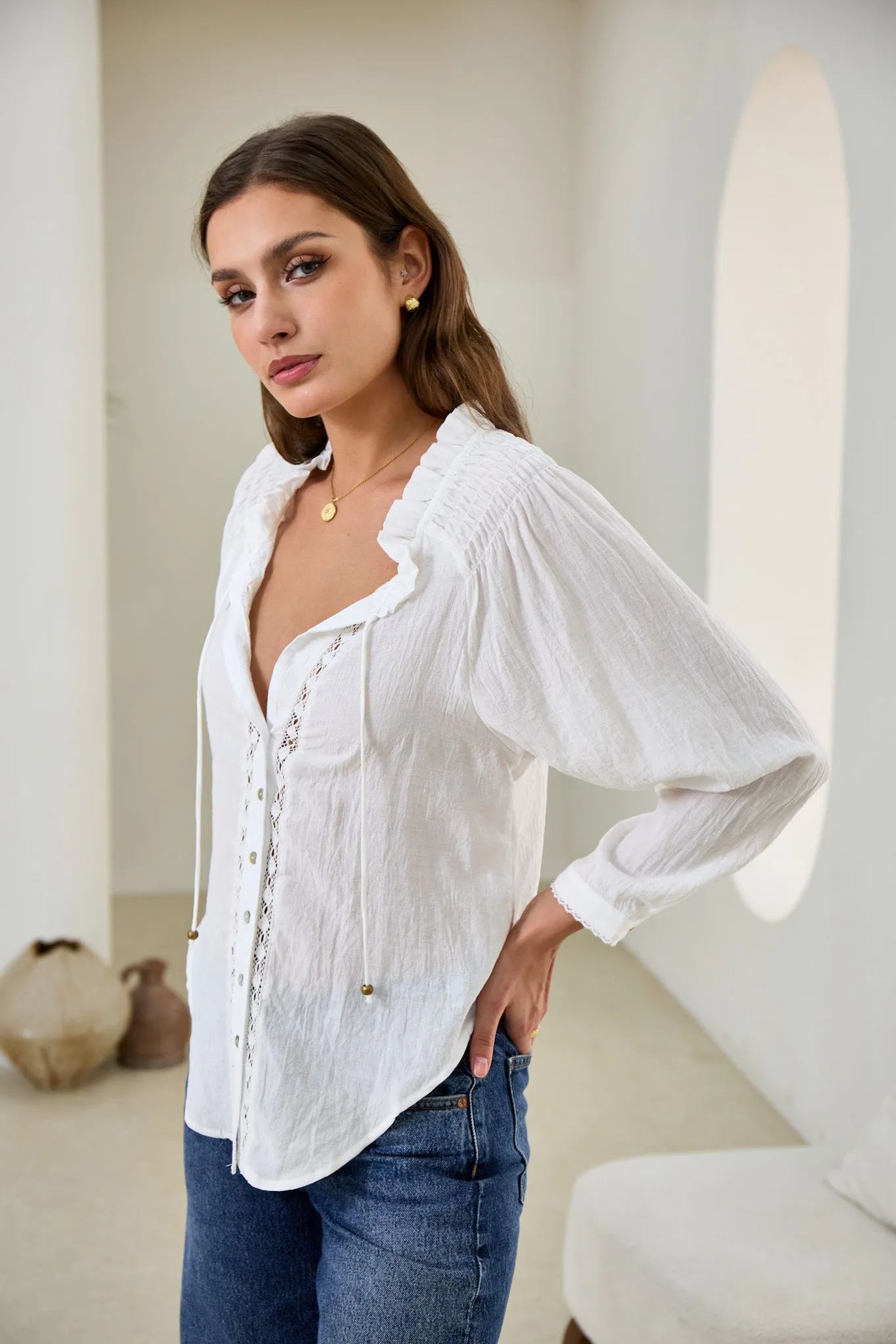 Clarisse White Lace Trim Blouse