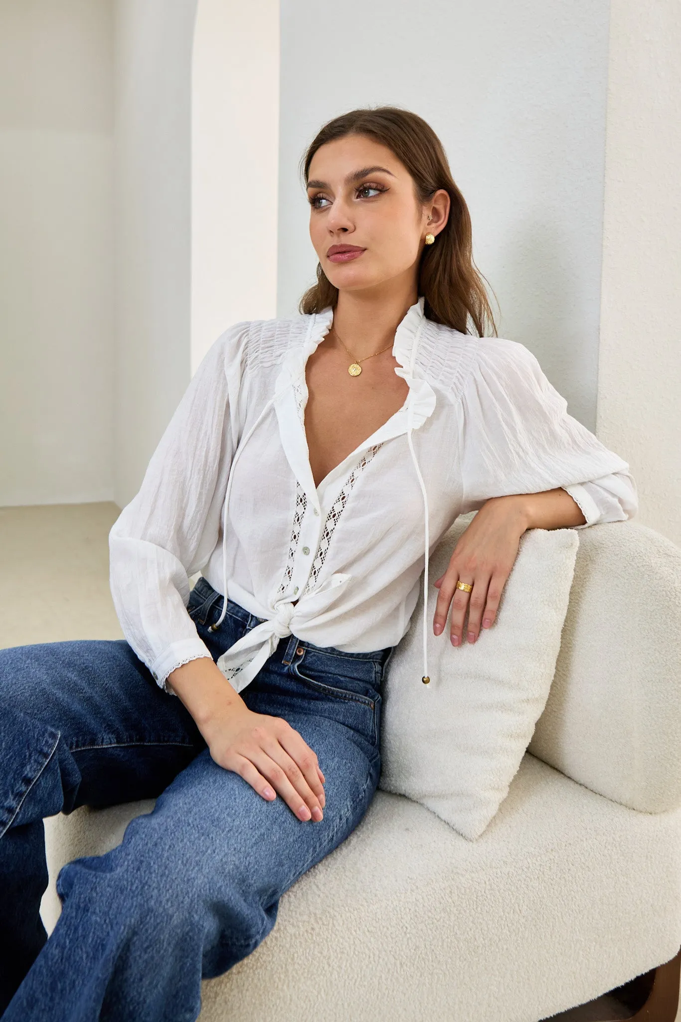 Clarisse White Lace Trim Blouse