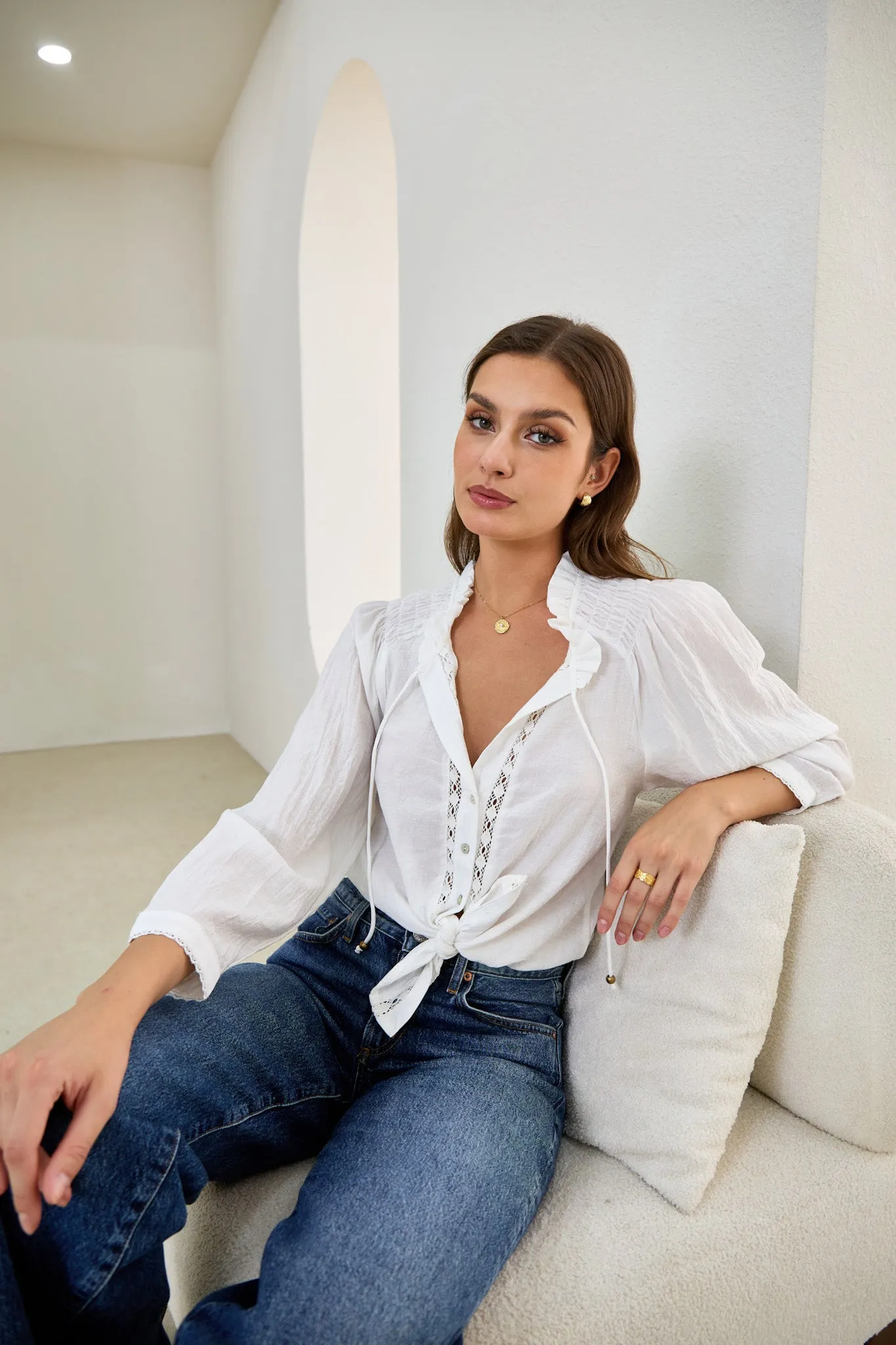 Clarisse White Lace Trim Blouse