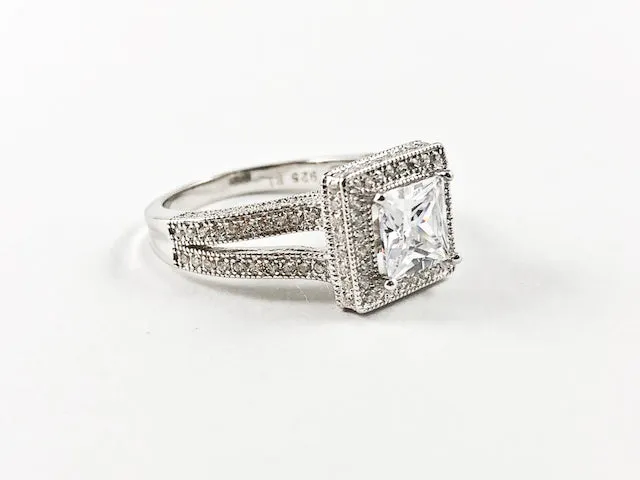 Classic Elegant Halo Square Cut Center CZ Fine Silver Ring