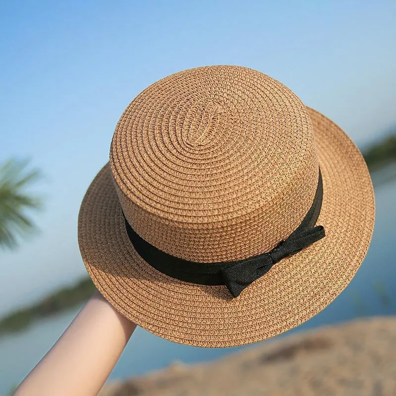 Classic Flat Brim Boater's Hat with Black Bow Belt