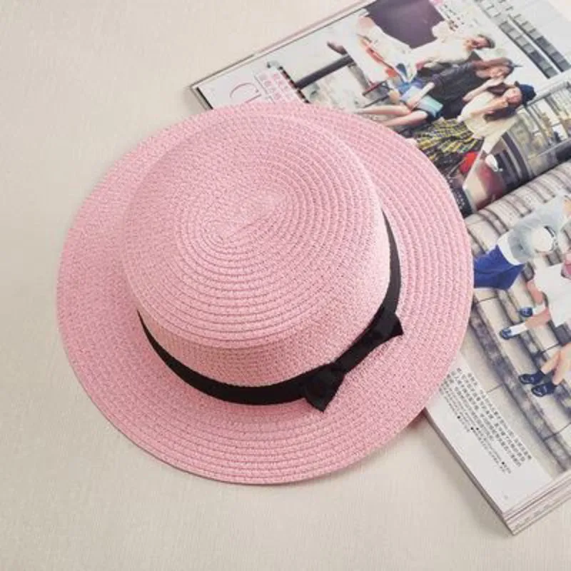 Classic Flat Brim Boater's Hat with Black Bow Belt