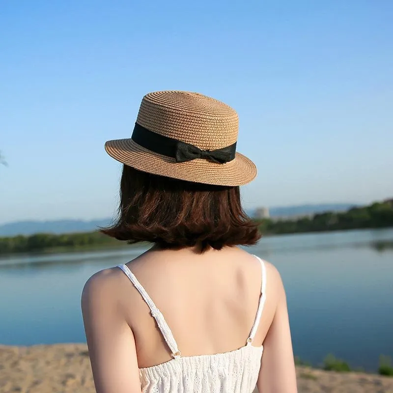 Classic Flat Brim Boater's Hat with Black Bow Belt