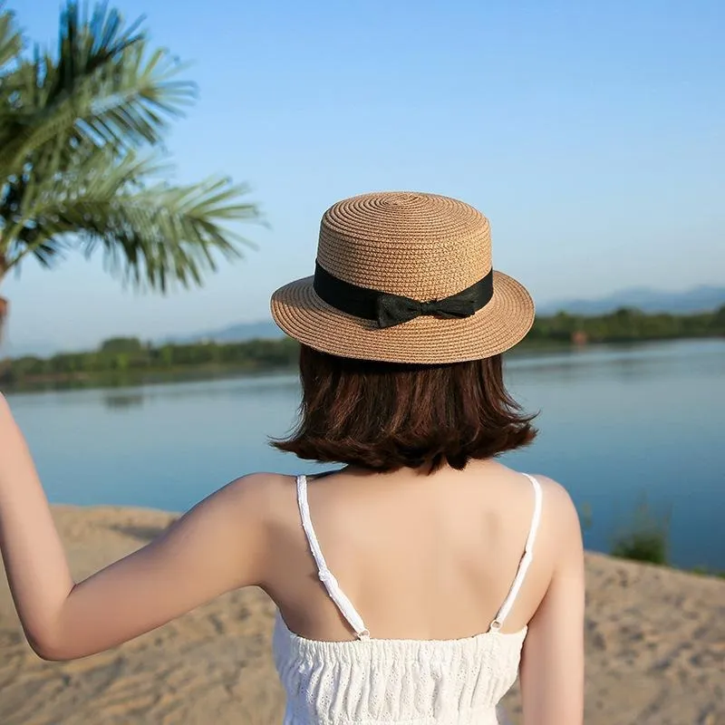 Classic Flat Brim Boater's Hat with Black Bow Belt