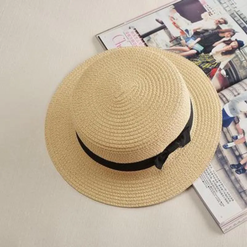 Classic Flat Brim Boater's Hat with Black Bow Belt