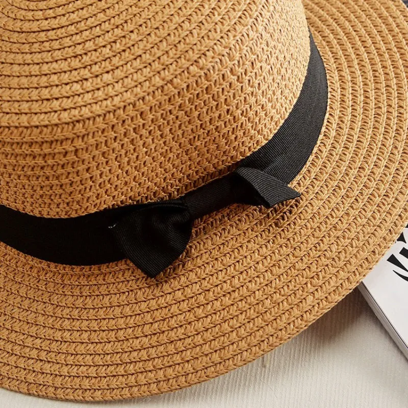 Classic Flat Brim Boater's Hat with Black Bow Belt