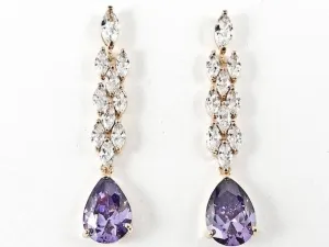 Classic Long Elegant CZ Drop Stye Design Purple & Clear CZ Gold Tone Brass Earrings