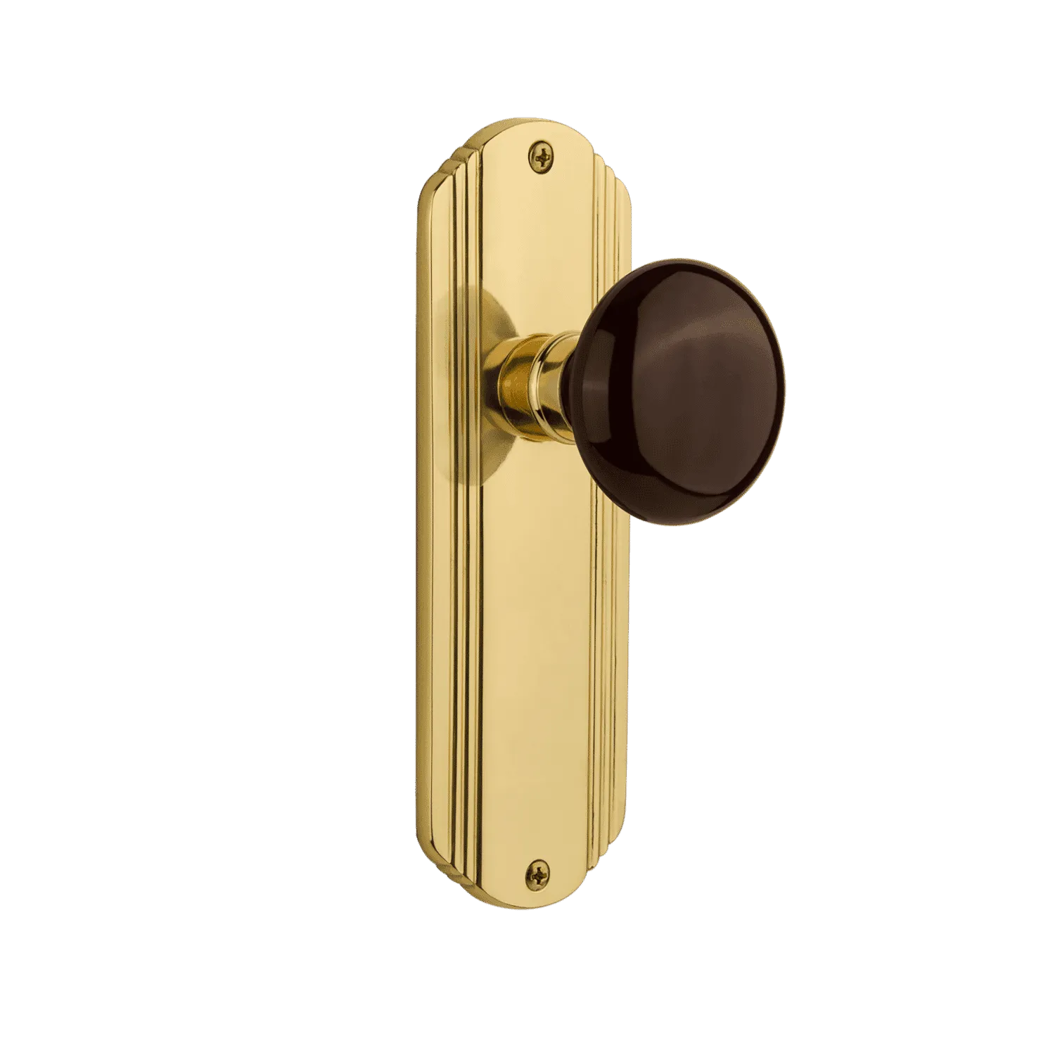 Deco Long Plate with Brown Porcelain Knob in Polished Brass