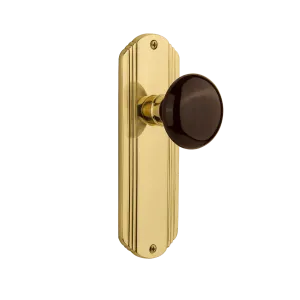 Deco Long Plate with Brown Porcelain Knob in Polished Brass