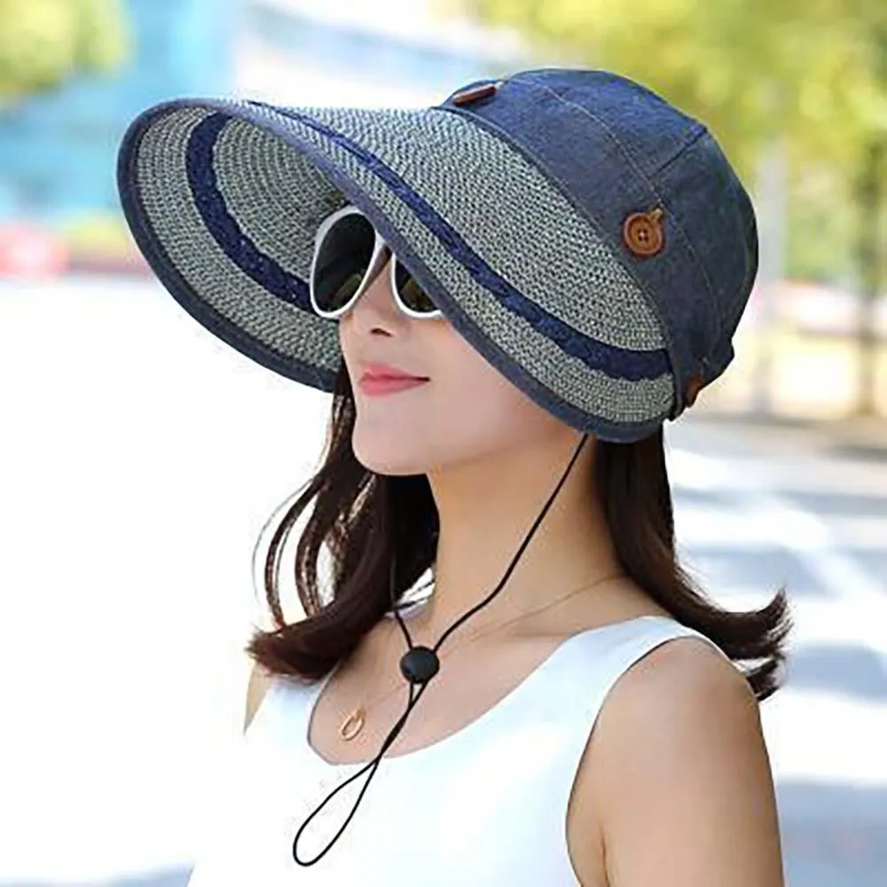 Floppy Wide Brim Button Straw Sun Protection Hat