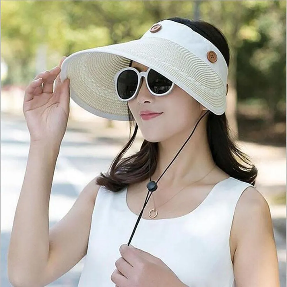 Floppy Wide Brim Button Straw Sun Protection Hat