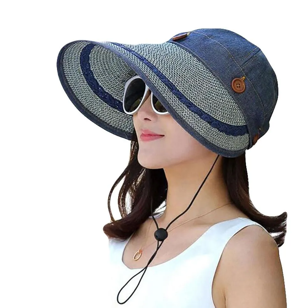 Floppy Wide Brim Button Straw Sun Protection Hat