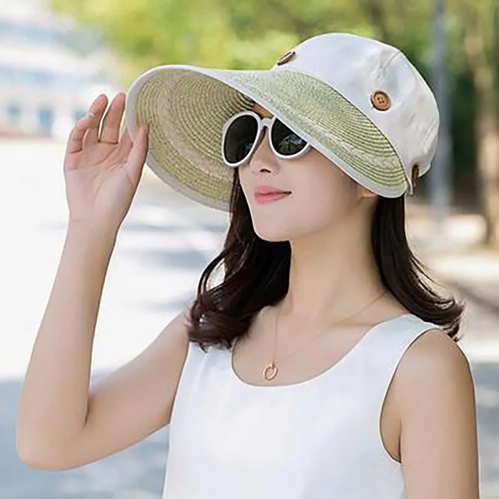 Floppy Wide Brim Button Straw Sun Protection Hat