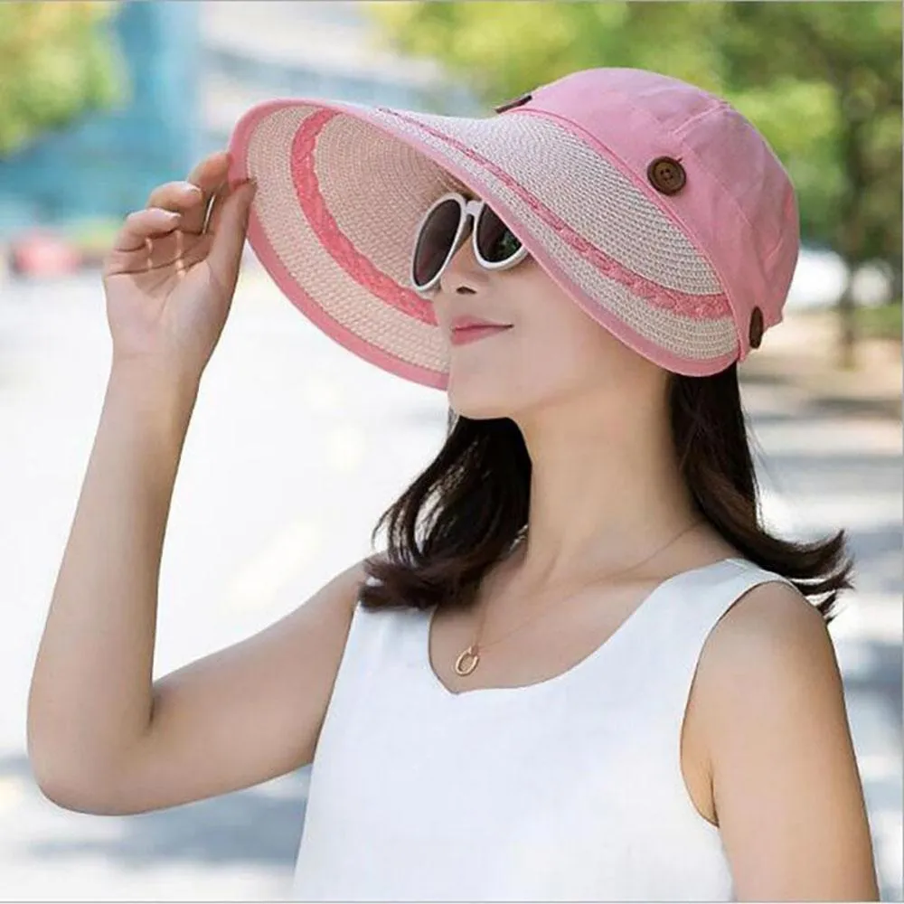 Floppy Wide Brim Button Straw Sun Protection Hat