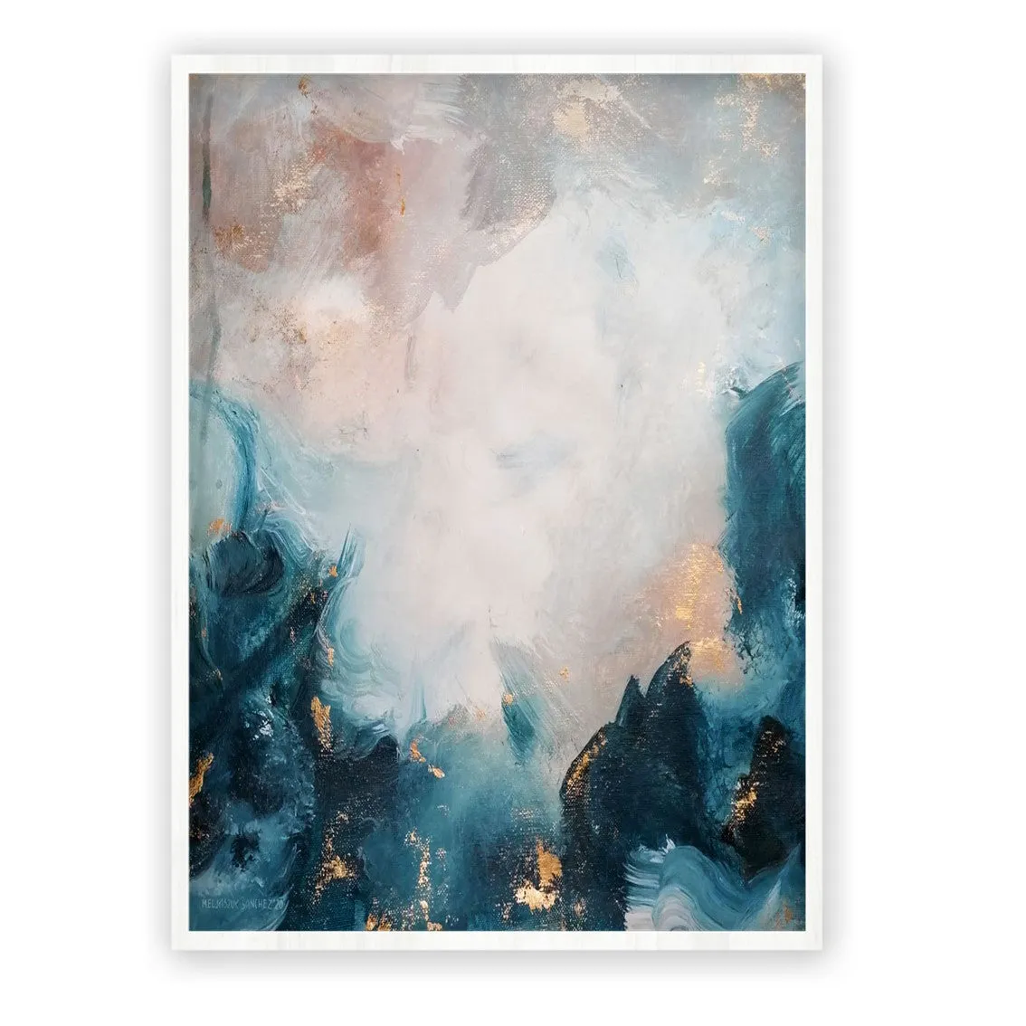 Framed vertical blue & gold abstract wall art print