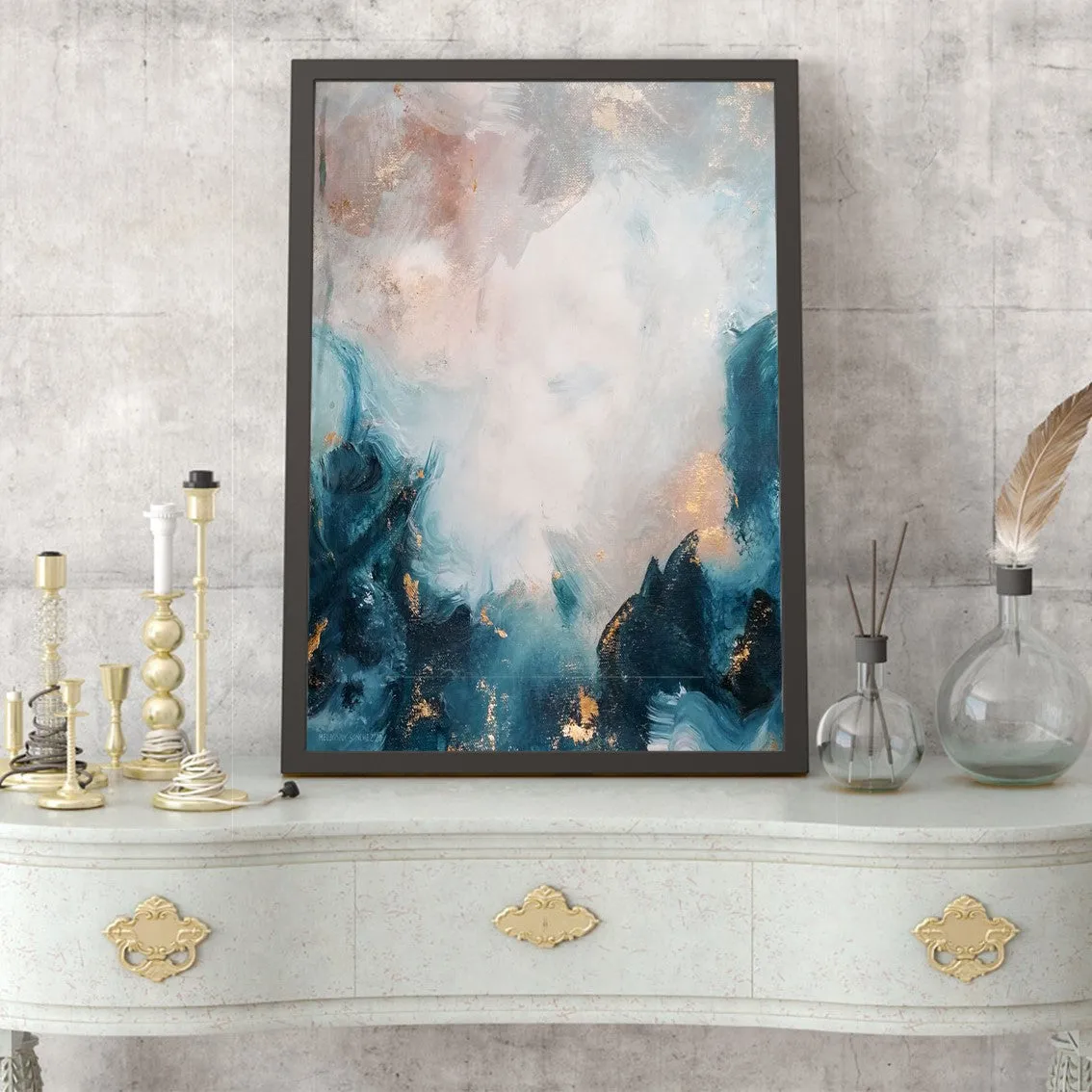 Framed vertical blue & gold abstract wall art print