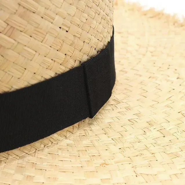 Fringe Straw Hat With Raffia and Black Ribbon