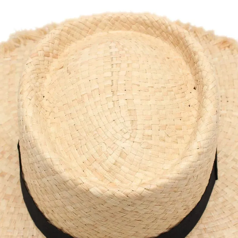 Fringe Straw Hat With Raffia and Black Ribbon