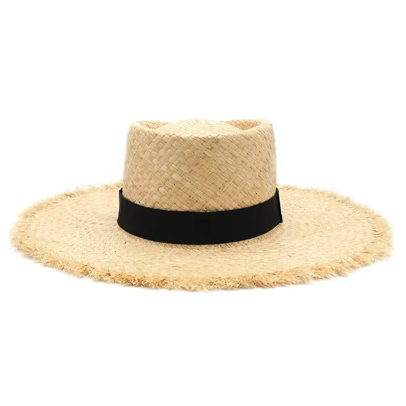 Fringe Straw Hat With Raffia and Black Ribbon