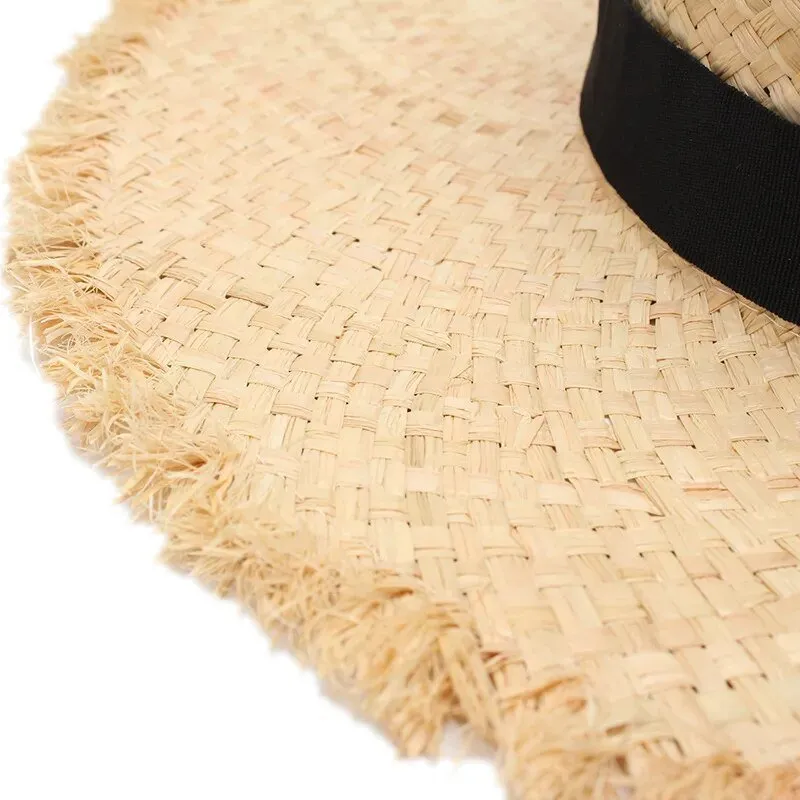 Fringe Straw Hat With Raffia and Black Ribbon