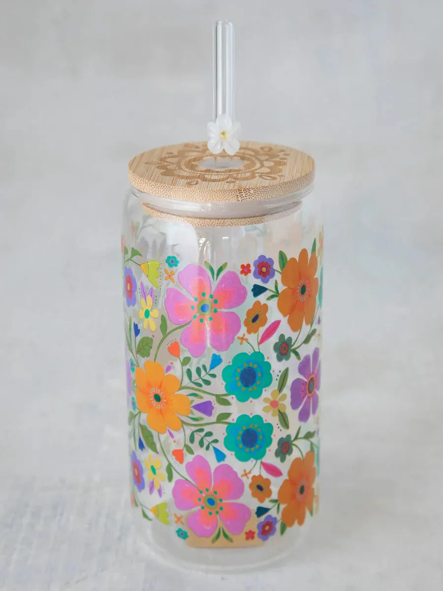 Glass Tumbler with Lid and Straw - Floral