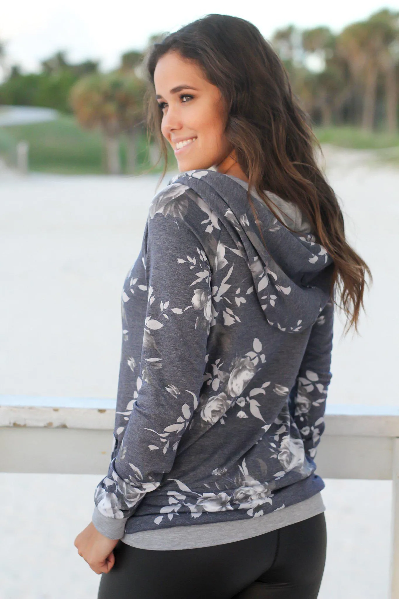 Heather Gray and Navy Floral Hoodie