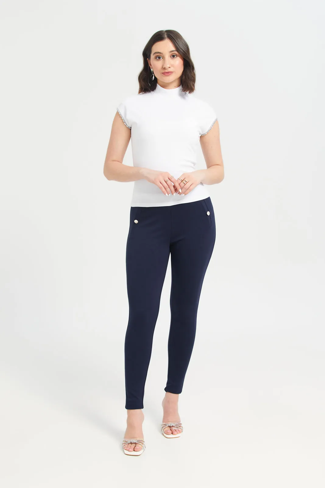 High Neck Slevee Trim Top