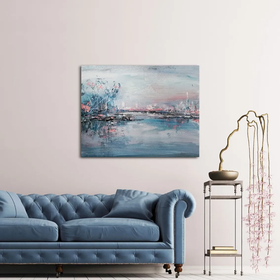 Horizontal blue & pink abstract landscape wall art print