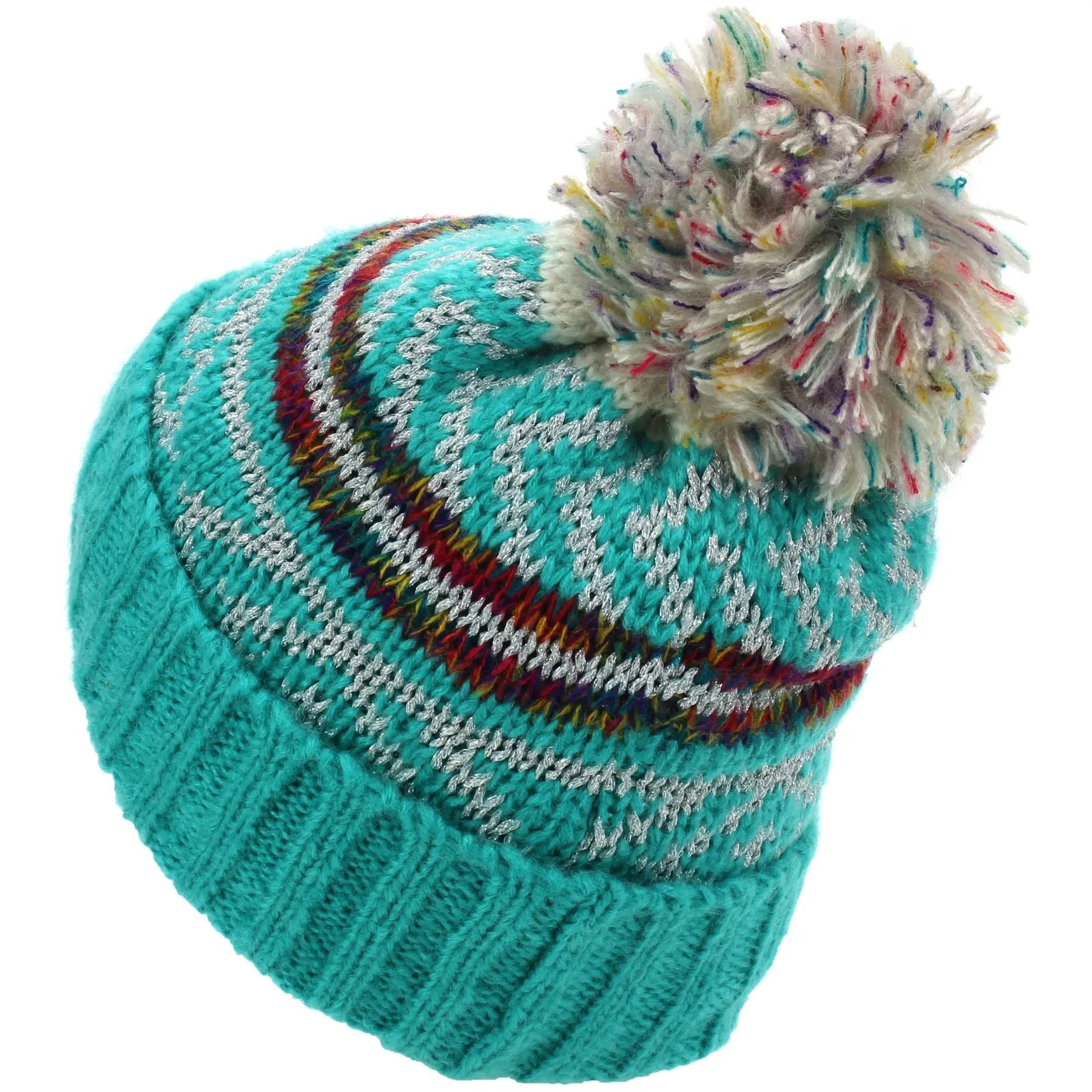 Knitted Metallic Beanie Hat with Multicoloured Bobble - Blue