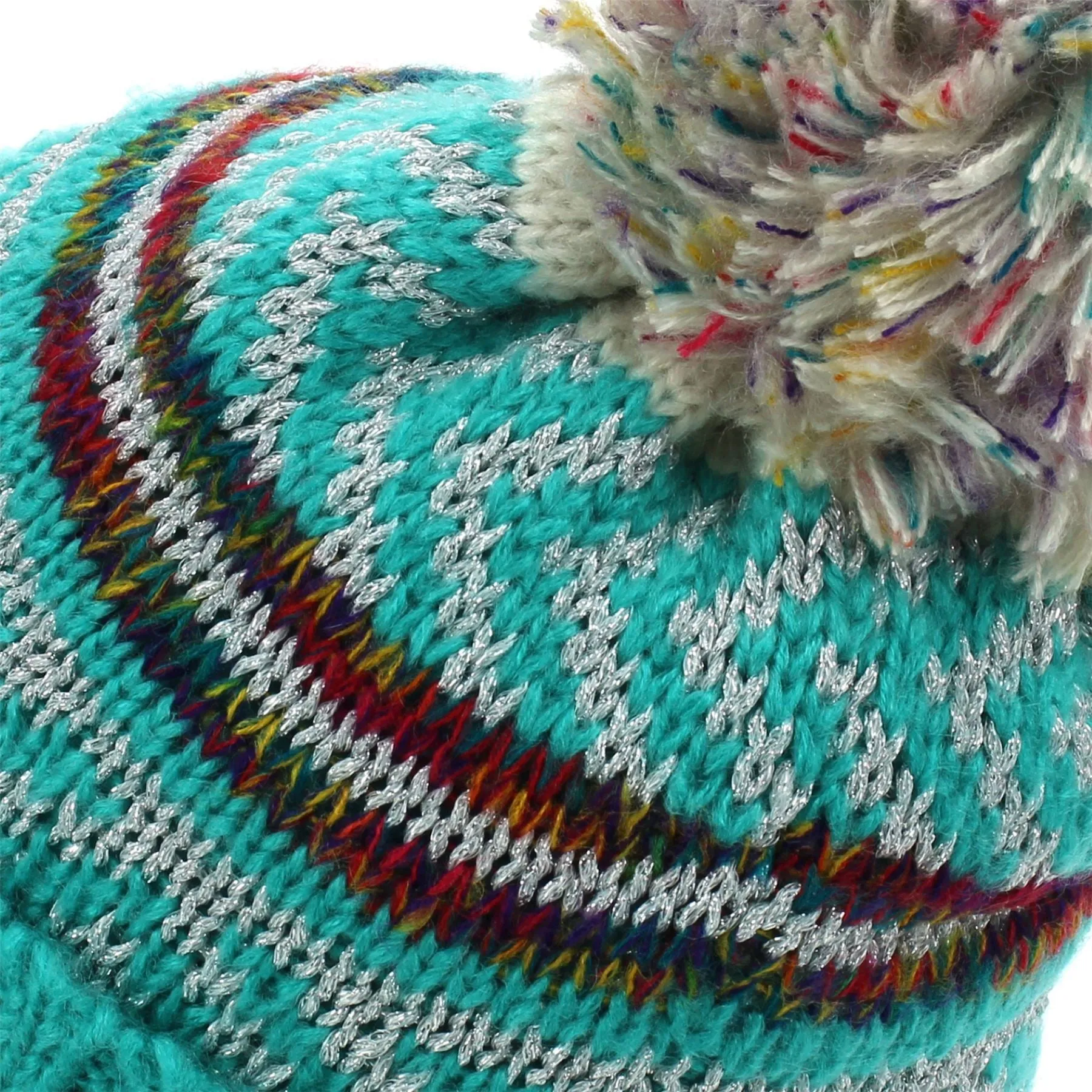 Knitted Metallic Beanie Hat with Multicoloured Bobble - Blue